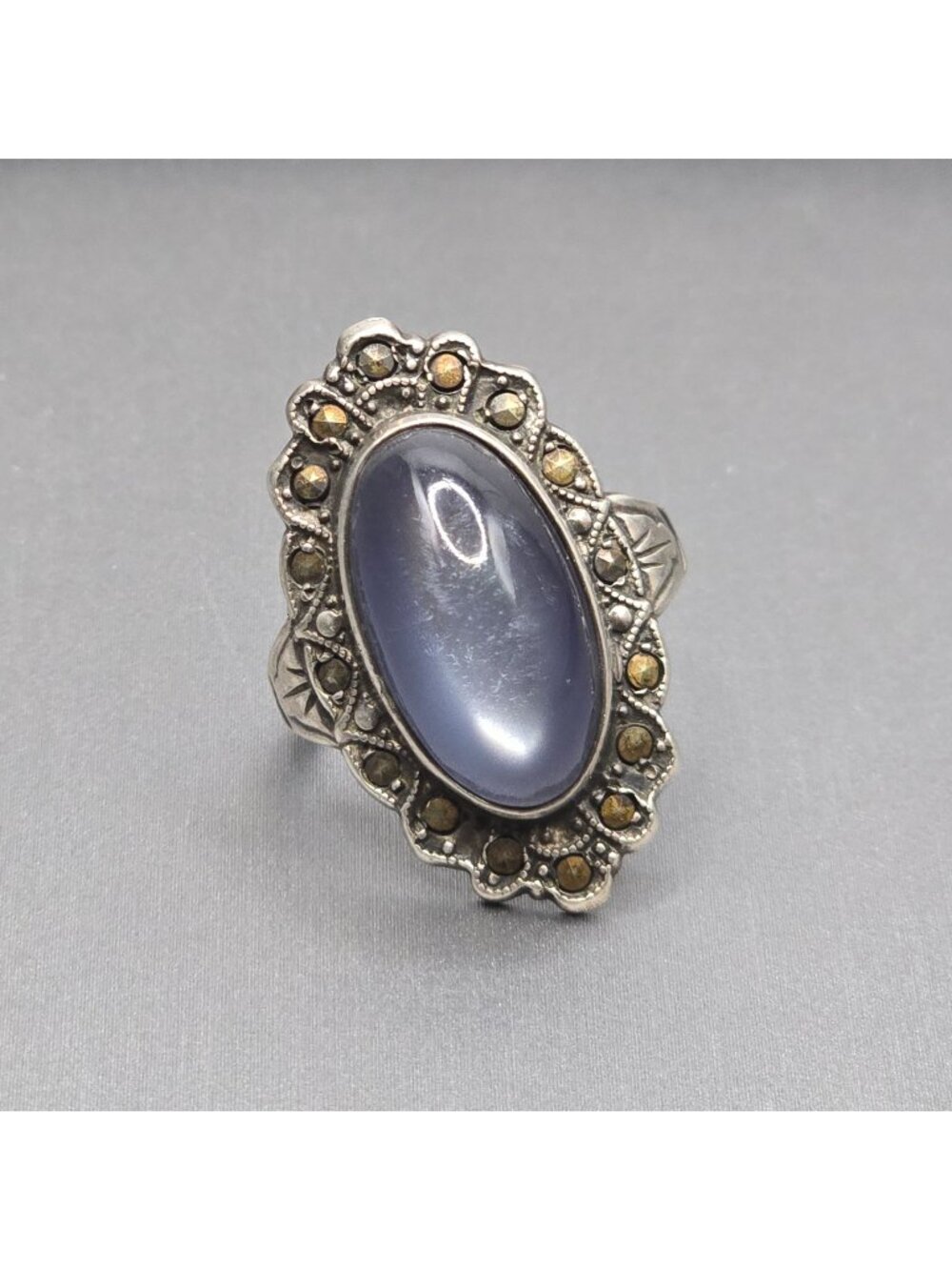 Vintage Uncas Sterling Silver Marcasite Faux Alexandrite Ring Size 6 USA - Picture 1 of 14